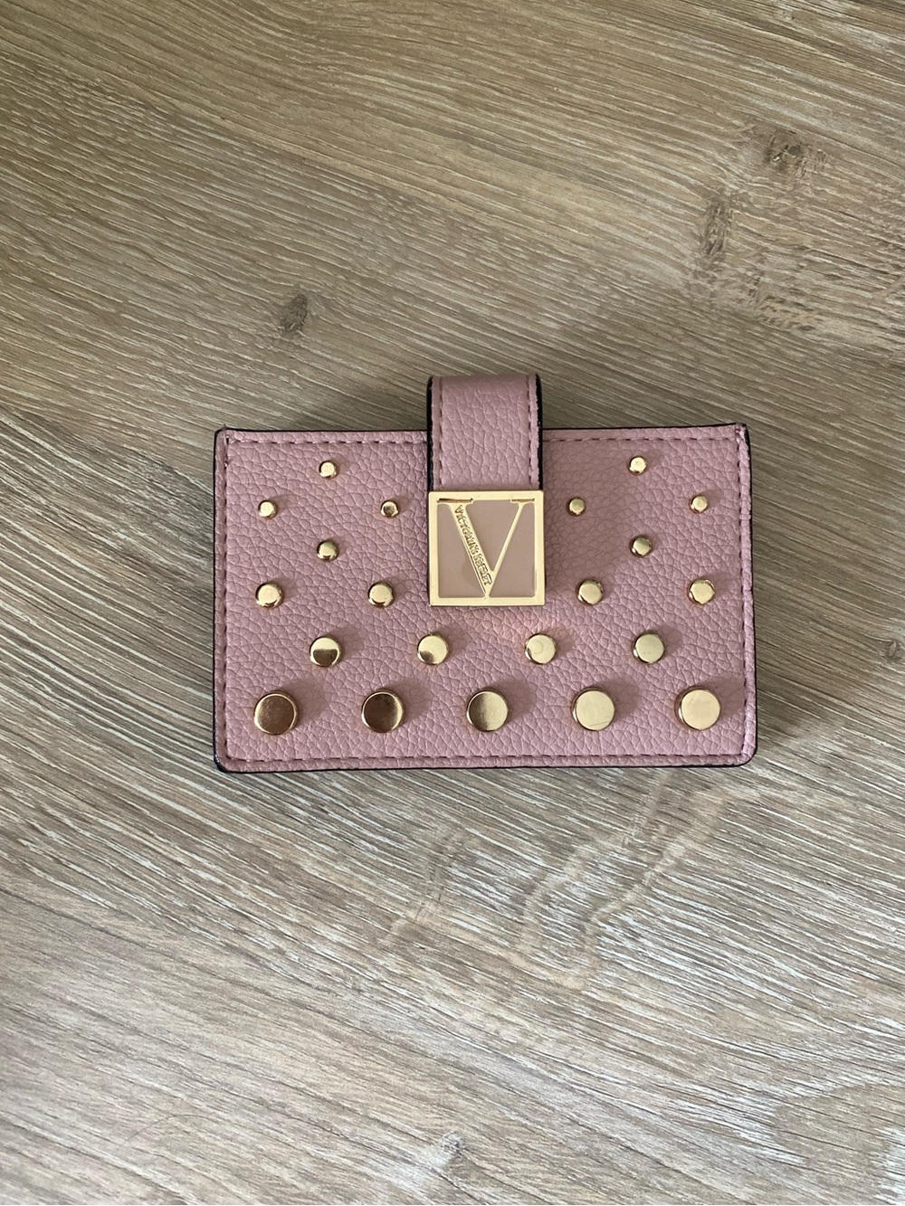 VS Pink Leather Studded Card Wallet with Gold V Logo